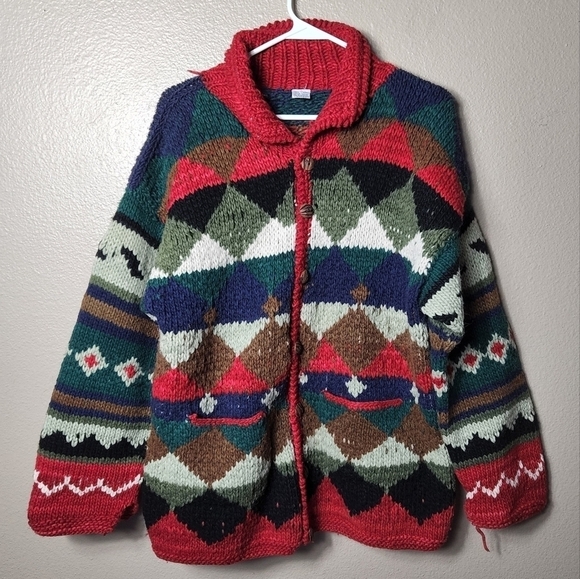 Unbranded Sweaters - 100% Wool Handmade in Equador Chunky Knit Colorful Cardigan-Size L